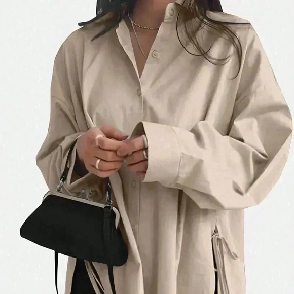 Tops - Khaki Casual Women's Solid Drop Shoulder Split Hem Shirt